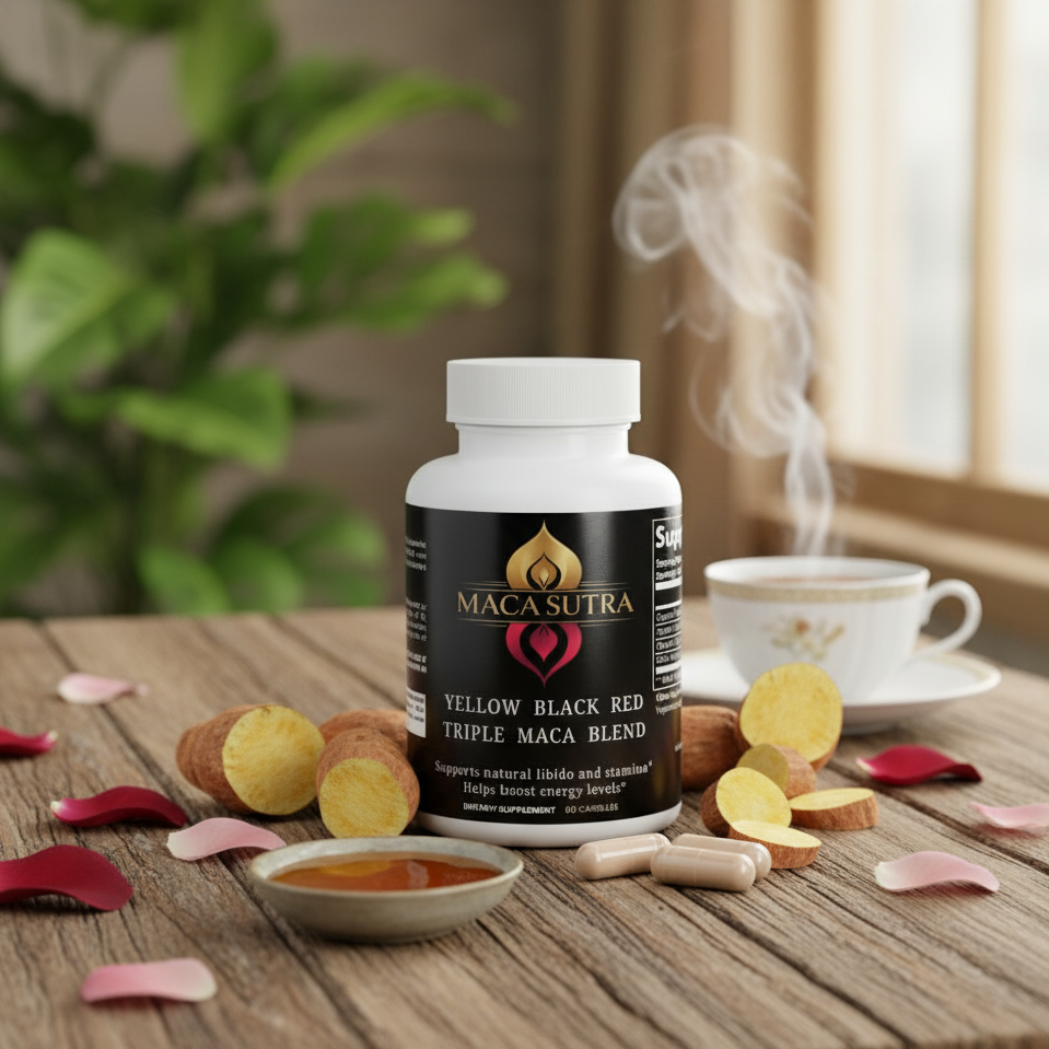 Maca Sutra supplement bottle on a wooden table with a steaming cup of tea and maca root pieces.