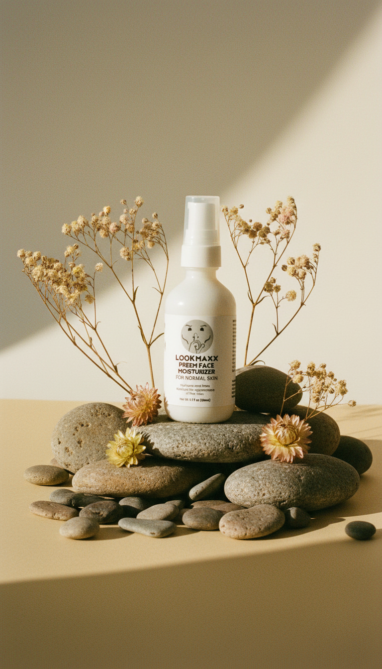 Skincare bottle on stones with dried flowers and a neutral background