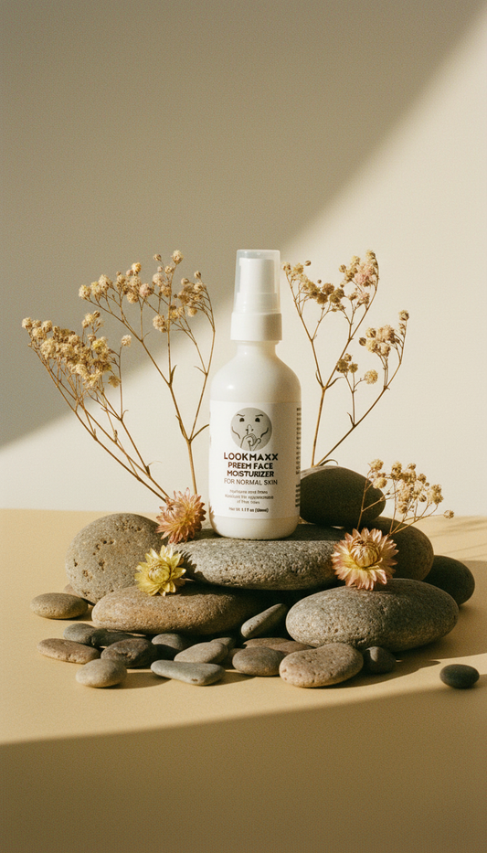 Skincare bottle on stones with dried flowers and a neutral background