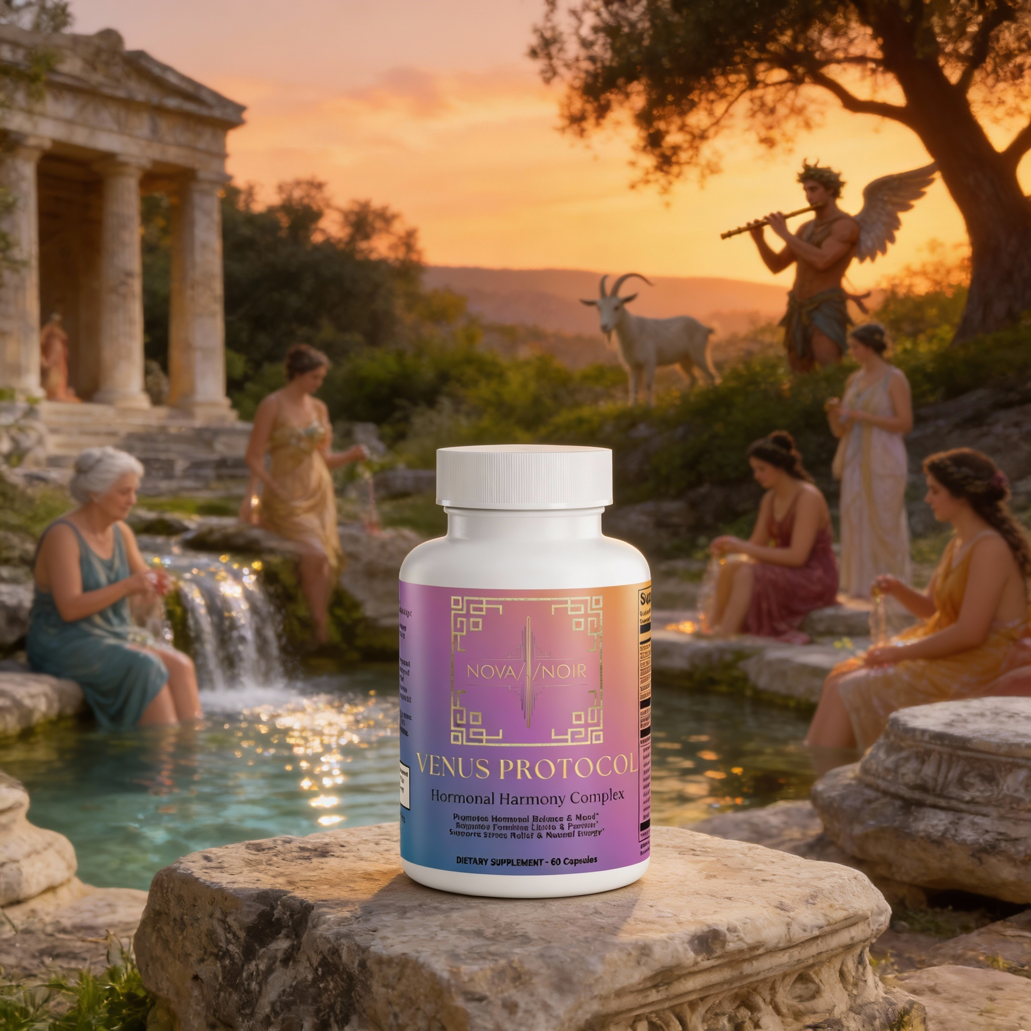 Venus Protocol female hormonal support supplement by Nova Noir, featured in a restorative Grecian oasis setting to symbolize balance and vitality.