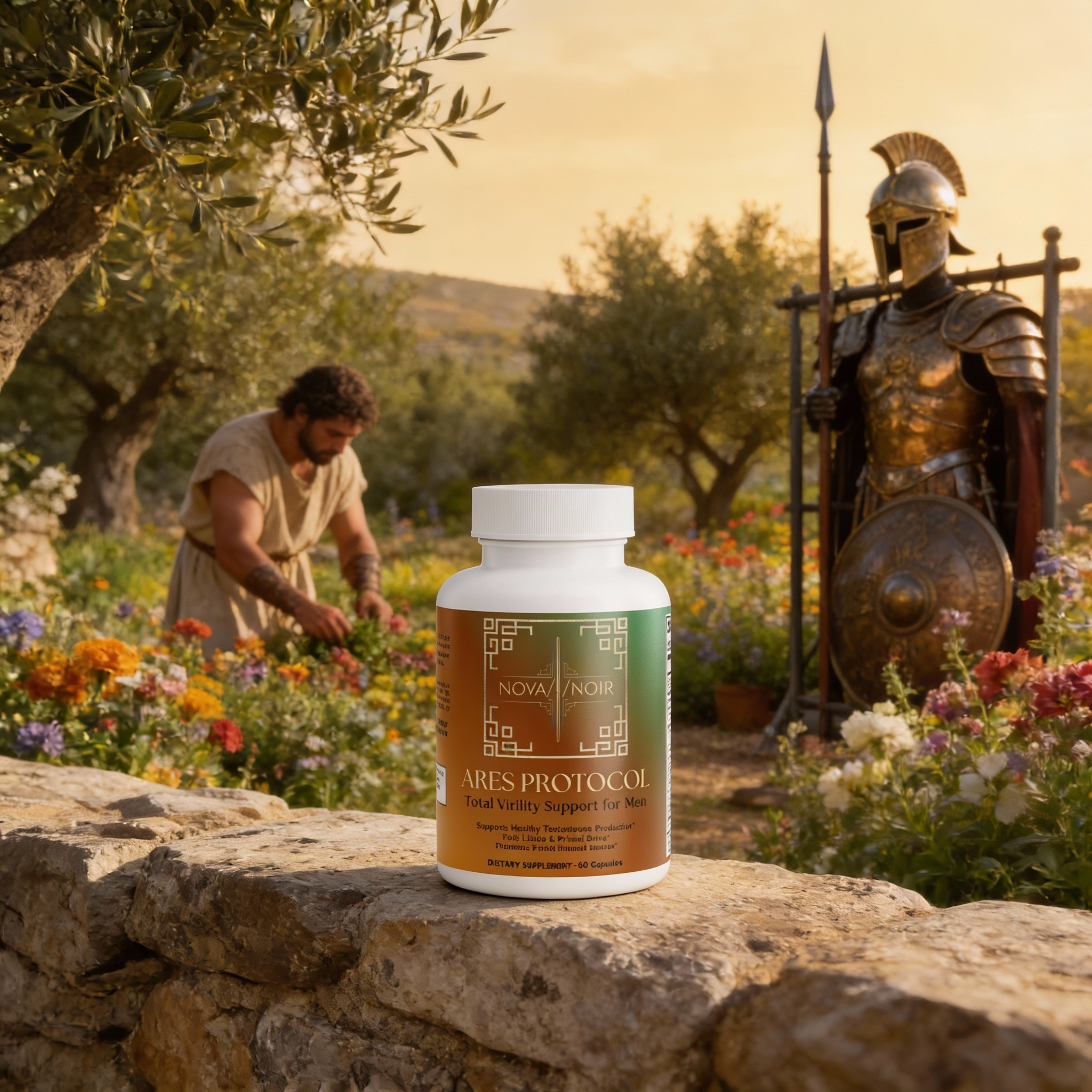 Protocol male vitality support supplement by Nova Noir, featured in an ancient Spartan garden setting to symbolize testosterone support and grounded strength.